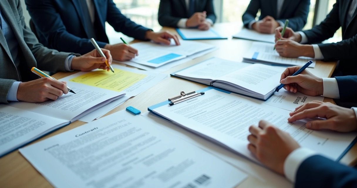 Equipe avaliando contratos empresariais impressos sobre uma mesa