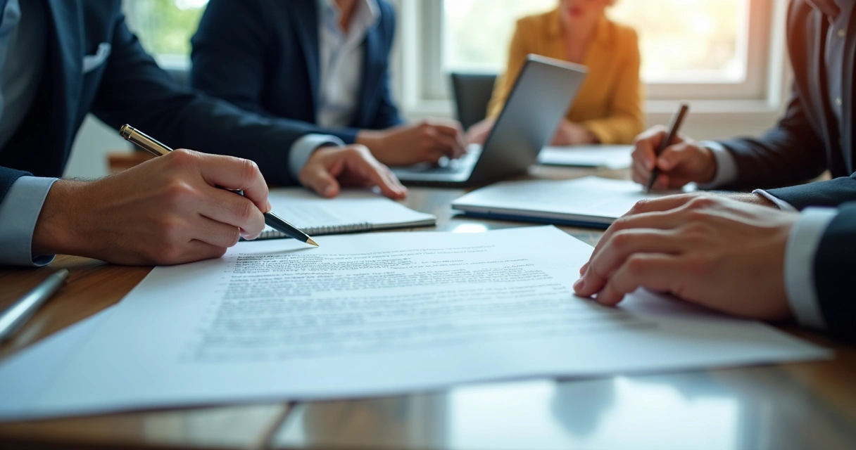 Gestor revisando contrato com equipe técnica em reunião 