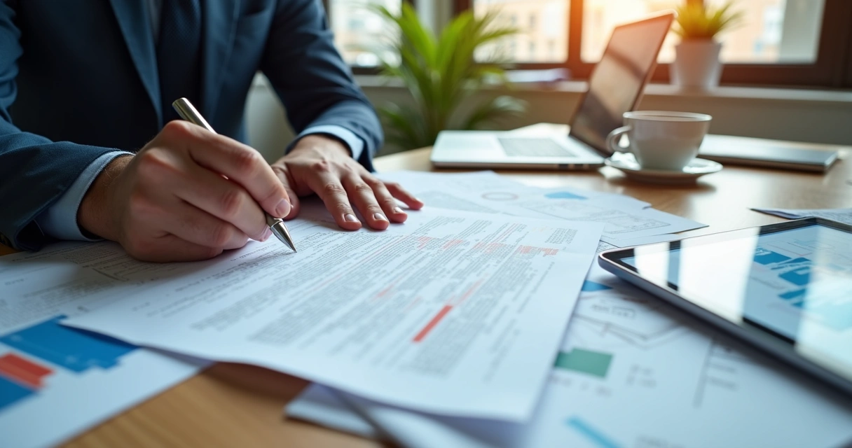 Auditor analisando pilha de contratos em mesa com relatórios técnicos 