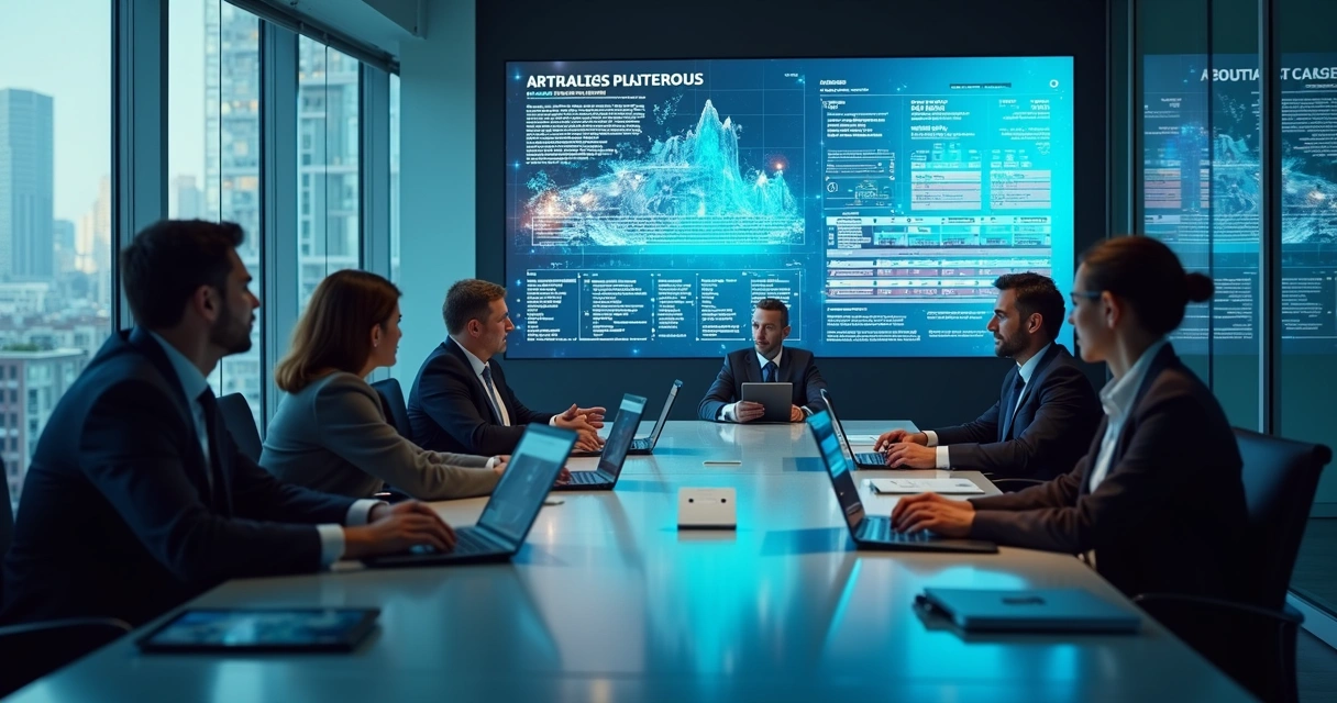 Equipe analisando contratos digitais em uma mesa de reuniões 