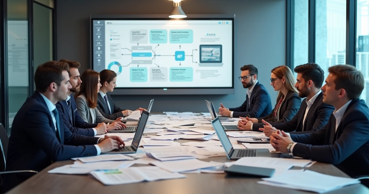 Equipe revisando contratos em reunião, com papéis e computadores na mesa 