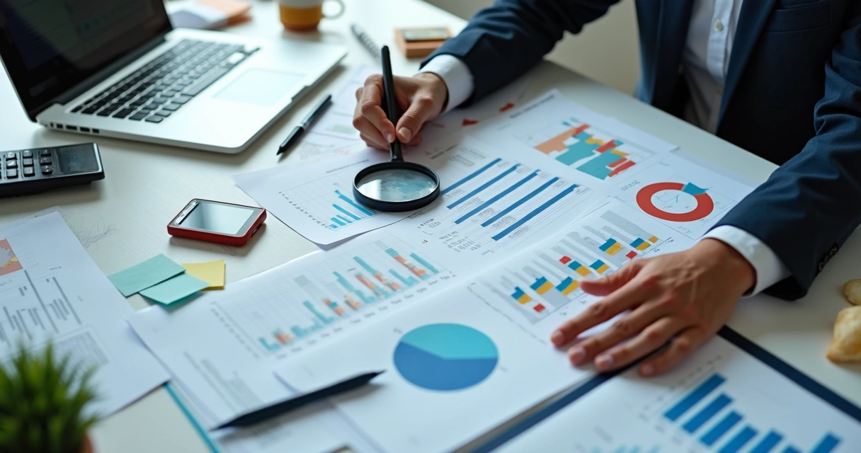Pessoa fazendo análise de documentação contábil com gráficos e planilhas na mesa