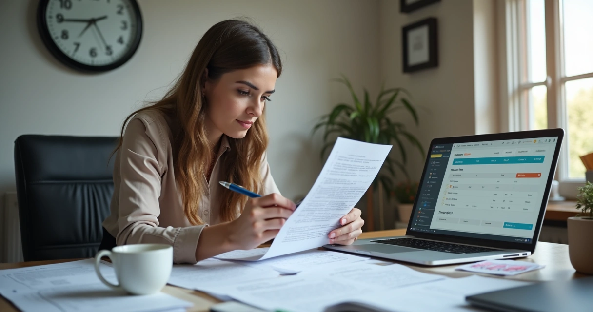 Pessoa auditando registros de ponto com computador e papéis sobre a mesa