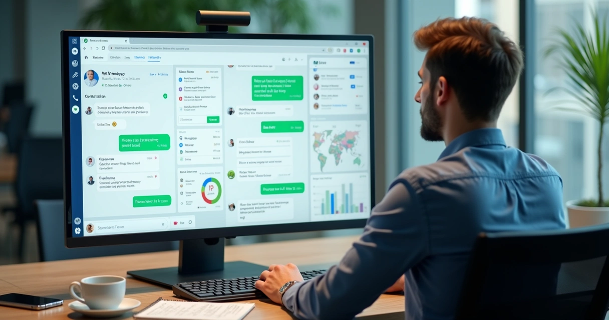 Gestor revisando conversas de vendas no WhatsApp em painel digital 