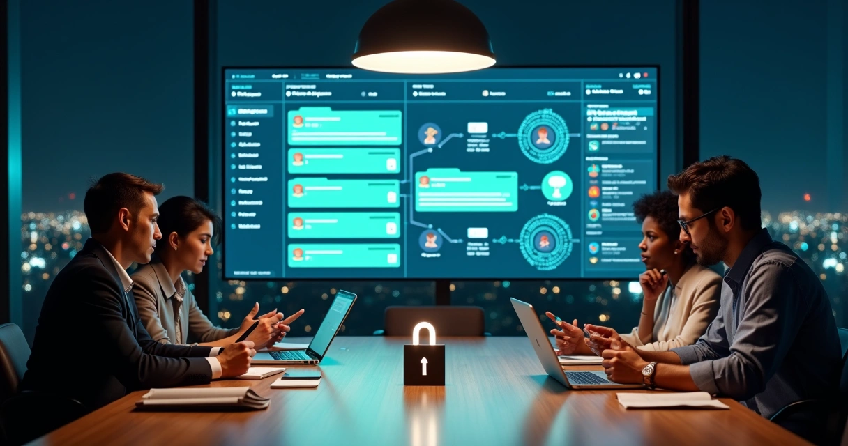 Equipe analisando registros de conversas de WhatsApp em grande tela de auditoria 