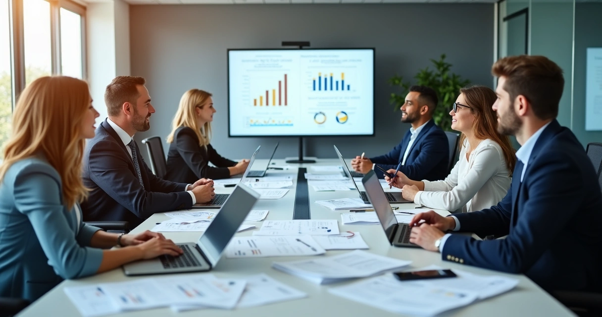 Equipe de auditores revisando treinamentos em sala de reunião moderna 