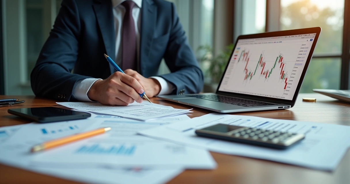 Auditor fiscal revisando documentos de criptomoedas em uma mesa de escritório 