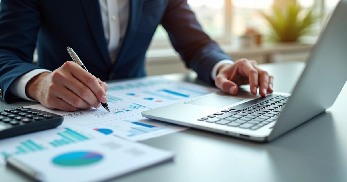 Profissional revisando cupom fiscal e relatórios 
