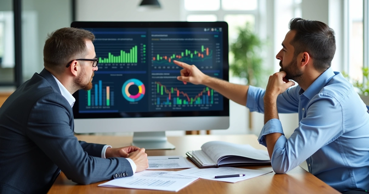Consultor e gestor discutindo gráficos financeiros na tela 