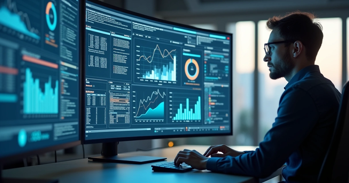 Profissional auditando base de dados em tela grande cheia de gráficos 