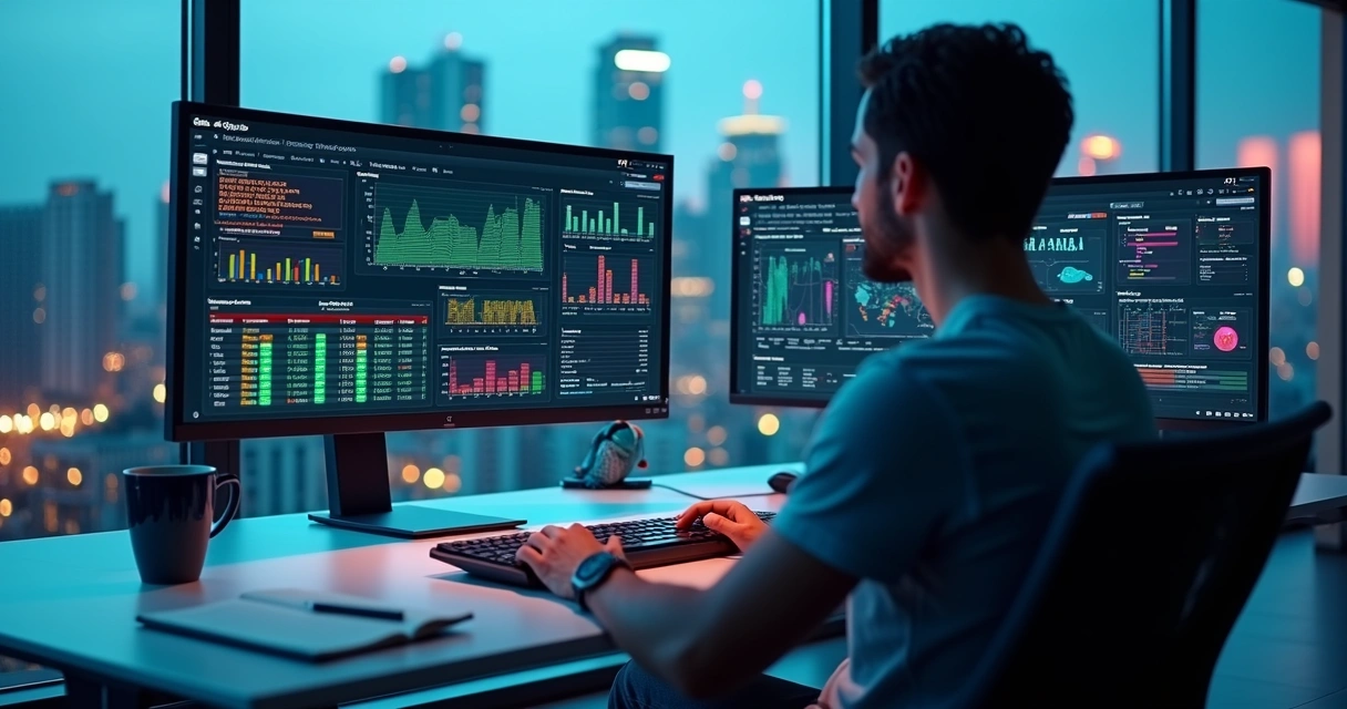 Profissional analisando painel de auditoria de dados em ERP no-code em tela grande 