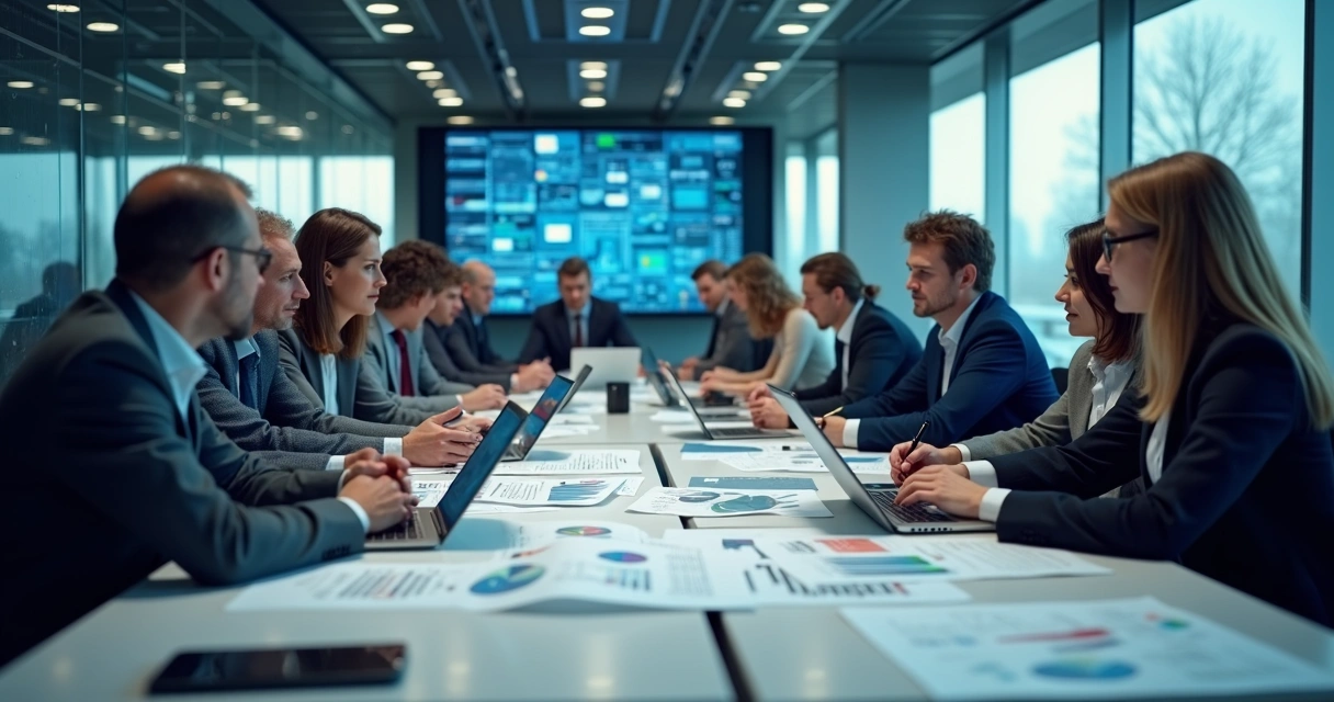 Equipe de TI analisando relatórios de auditoria de dados em uma mesa de reunião 