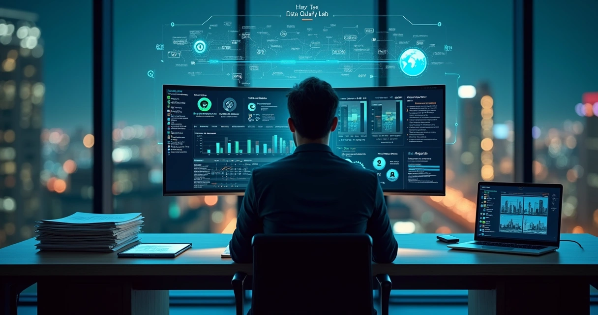 Analista revisando gráficos de validação de dados tributários em grande monitor ultrawide 