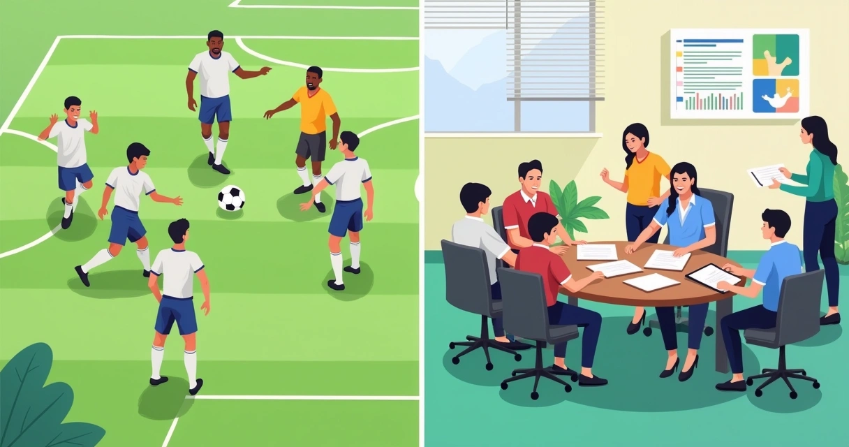 Ilustração de um campo de futebol e um escritório, representando auditoria de compliance e conformidade.