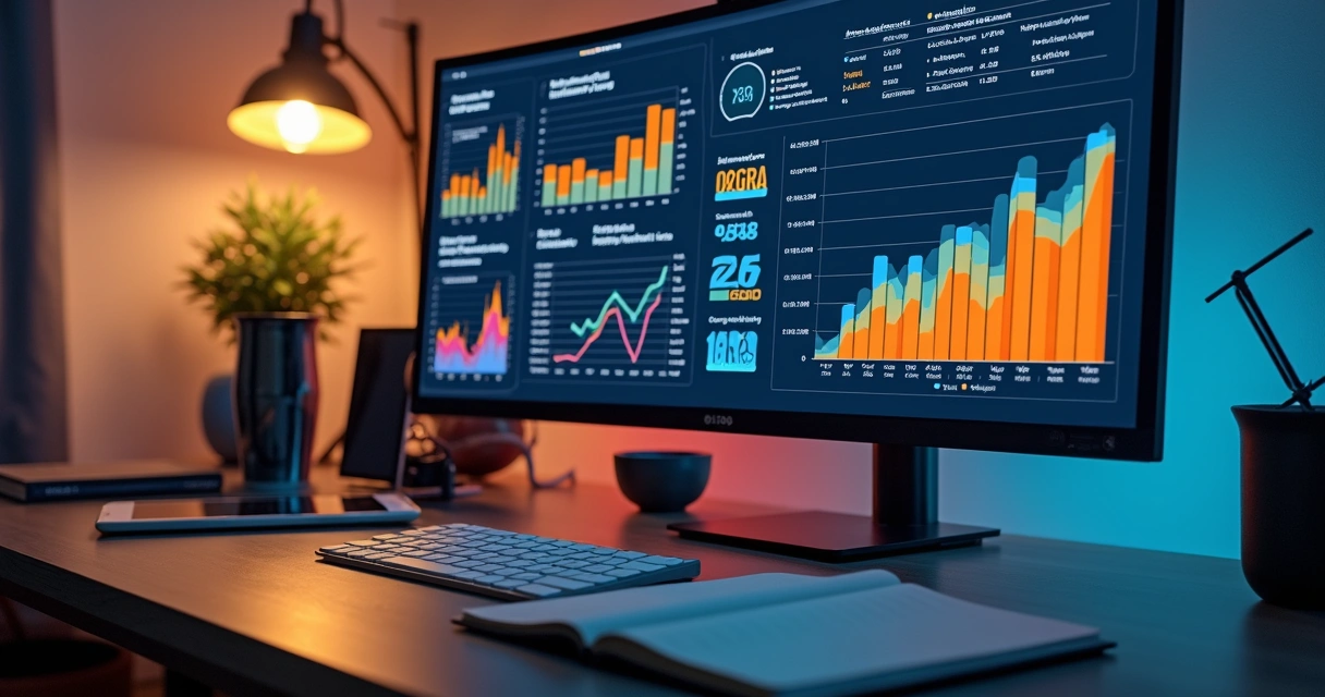 Tela de computador exibindo gráficos de análise de dados de influenciadores com múltiplos indicadores e métricas detalhadas 