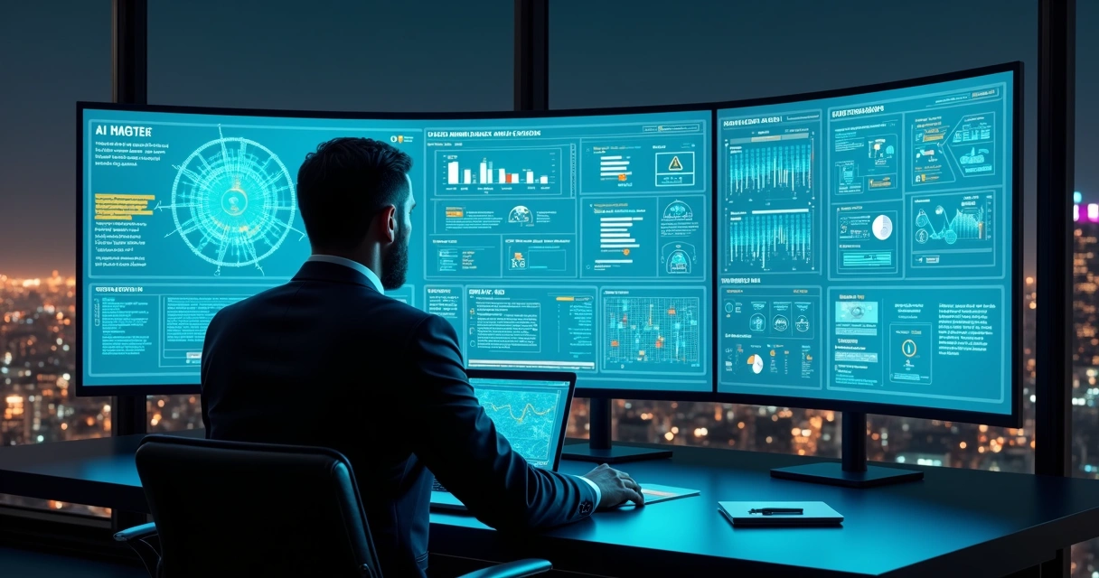 Executivo analisando painel de decisões automatizadas de IA em ambiente corporativo moderno 