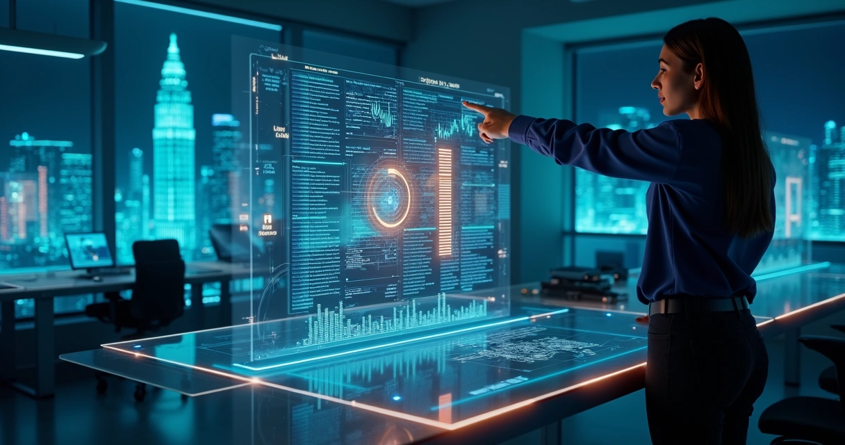 Gestora aponta para painel holográfico destacando desvios em logs operacionais 