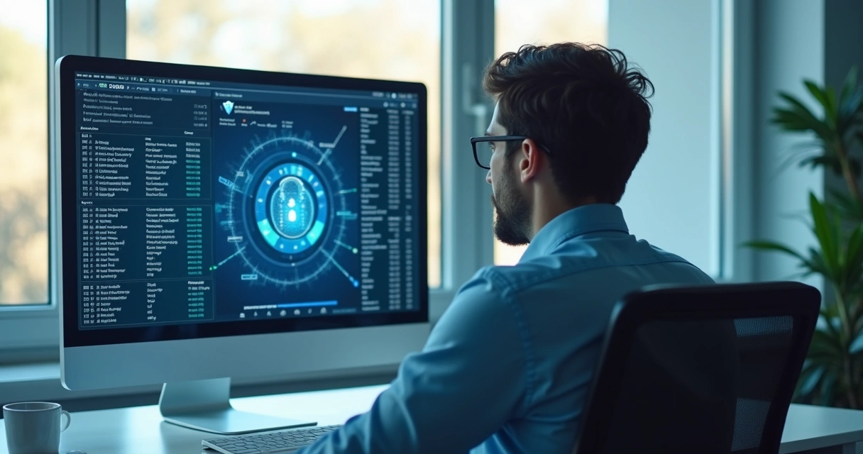Auditor analisando tela com logs digitais e gráficos de privacidade 