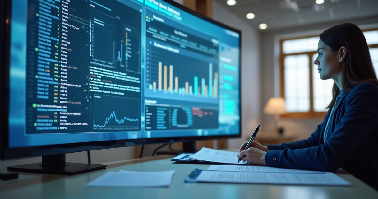 Gestor analisando relatórios digitais de condomínio em uma tela grande com gráficos e dados. 