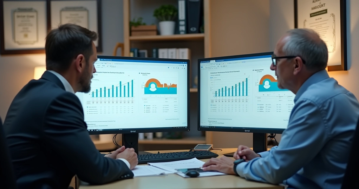 Equipe de TI e contador revisando relatórios digitais em duas telas grandes 