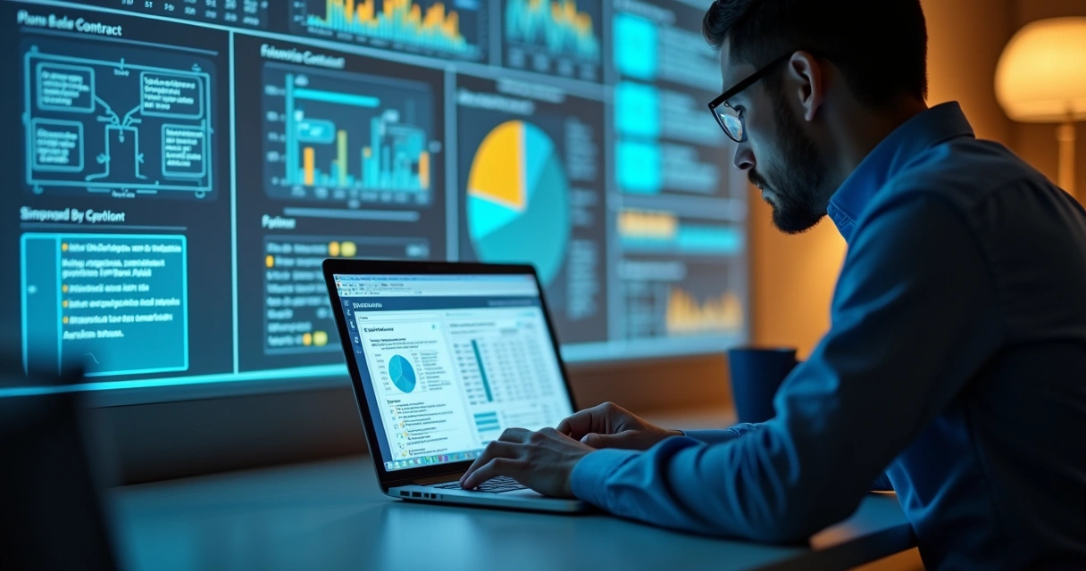 Profissional analisando contratos digitais no notebook com gráficos tributários ao fundo 