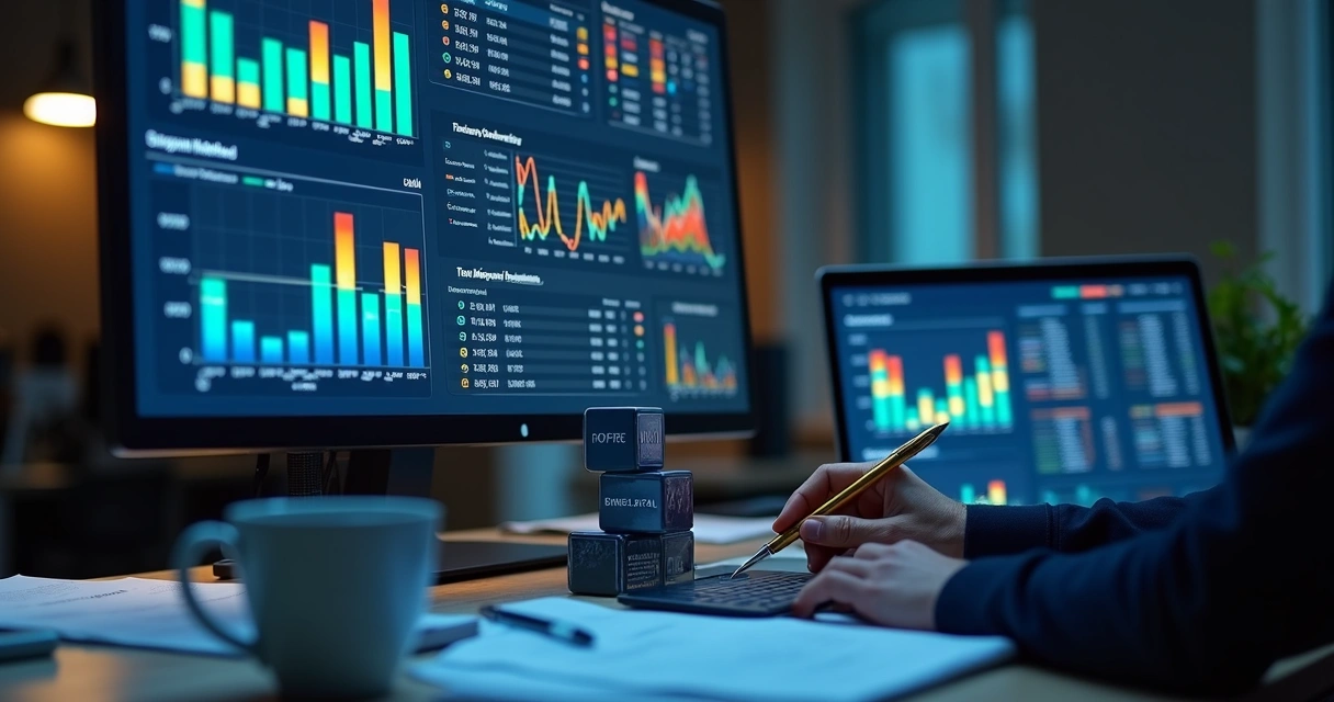 Tela de auditoria digital com tabelas de dados fiscais, gráficos e XMLs de notas fiscais 