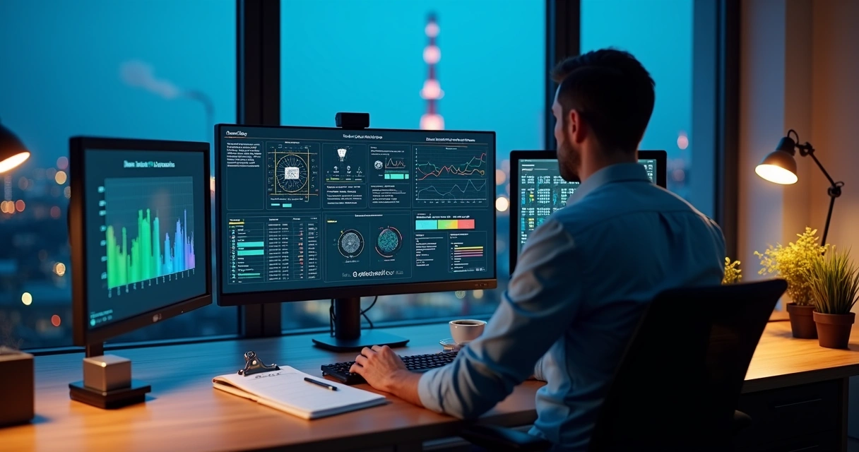 Monitor exibindo fluxo de dados auditáveis de indústria de alimentos em ambiente de home office 