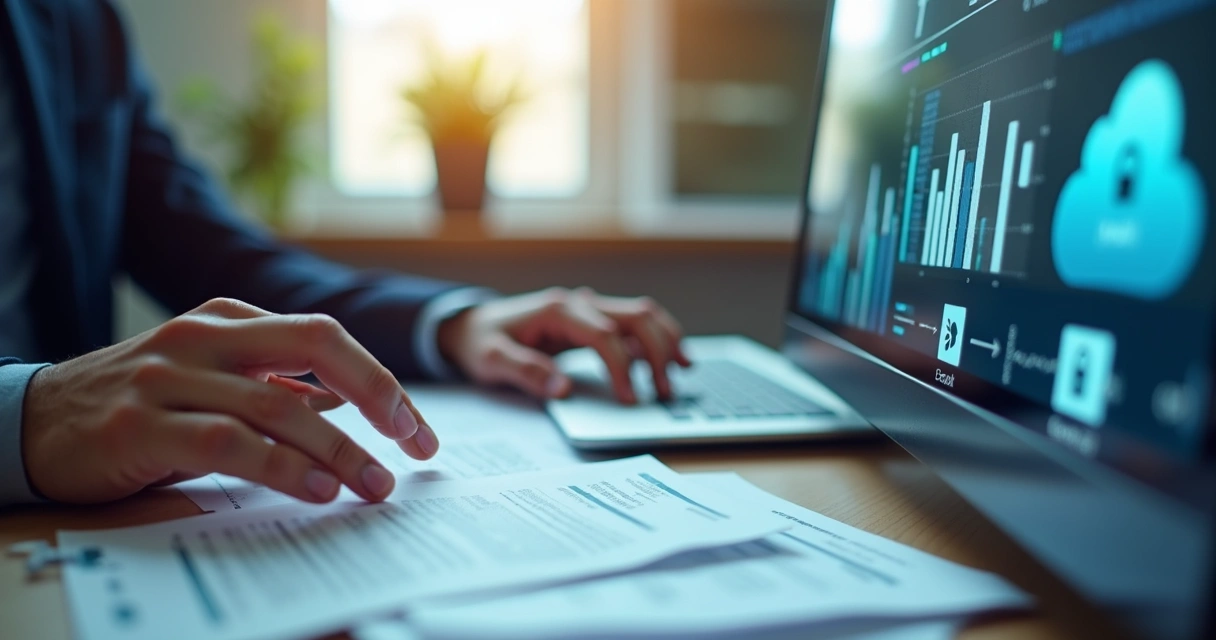 Auditoria digital IA com papéis fiscais e gráficos em tela 