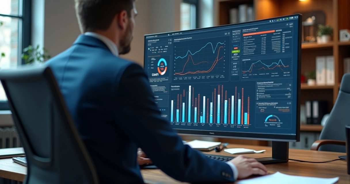 Auditor digital analisando dados da empresa na tela de computador