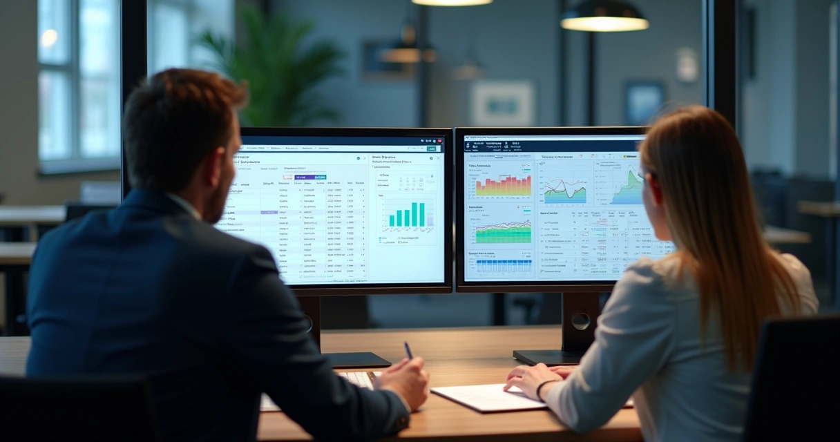 Equipe analisando dados fiscais em computadores modernos