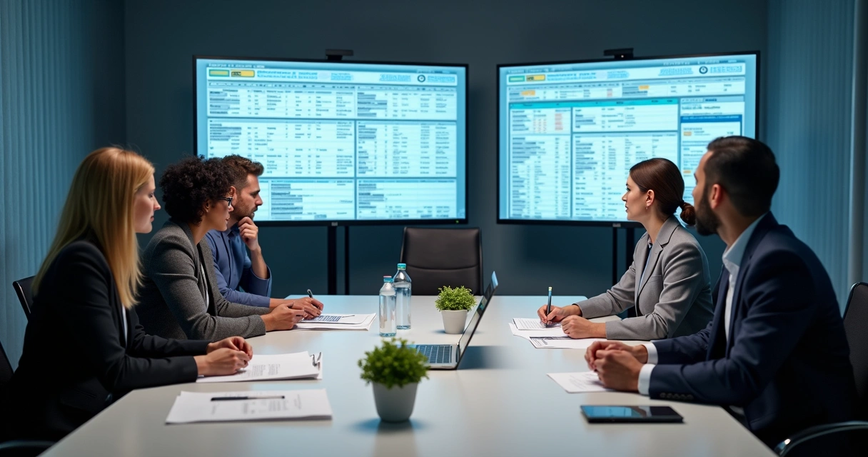 Equipe de profissionais analisando registros digitais de votação em telas 
