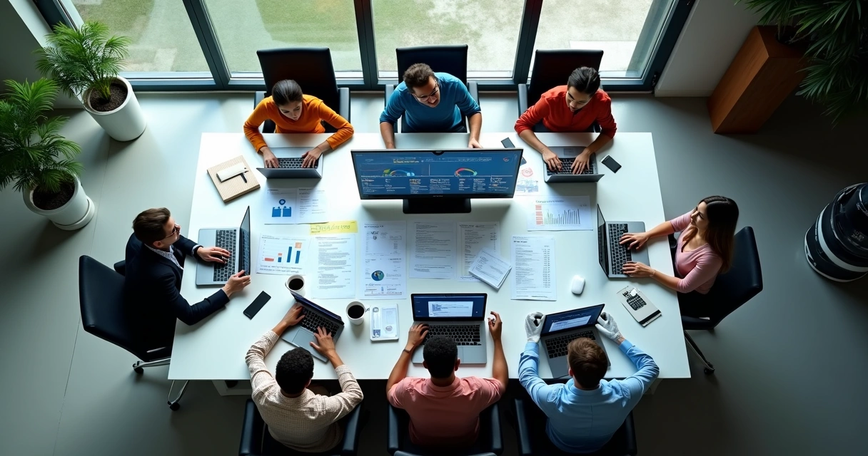 Equipe analisando painéis de auditoria digital em escritório contábil 