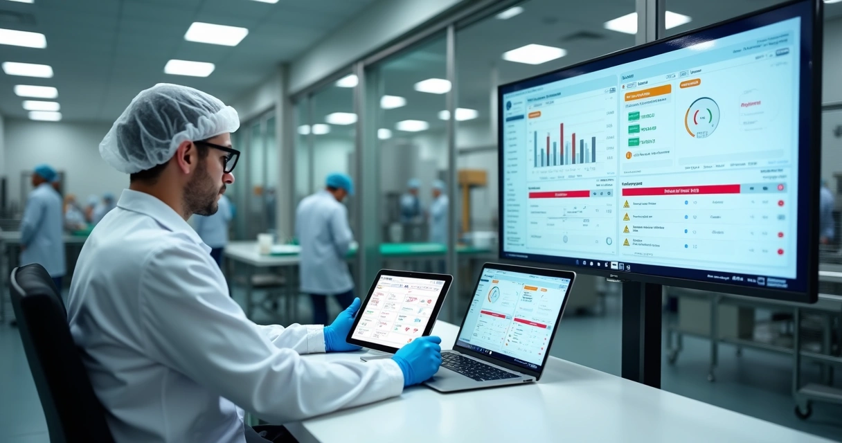 Profissional analisando auditoria digital em fábrica de alimentos com tablet e tela de dashboard 