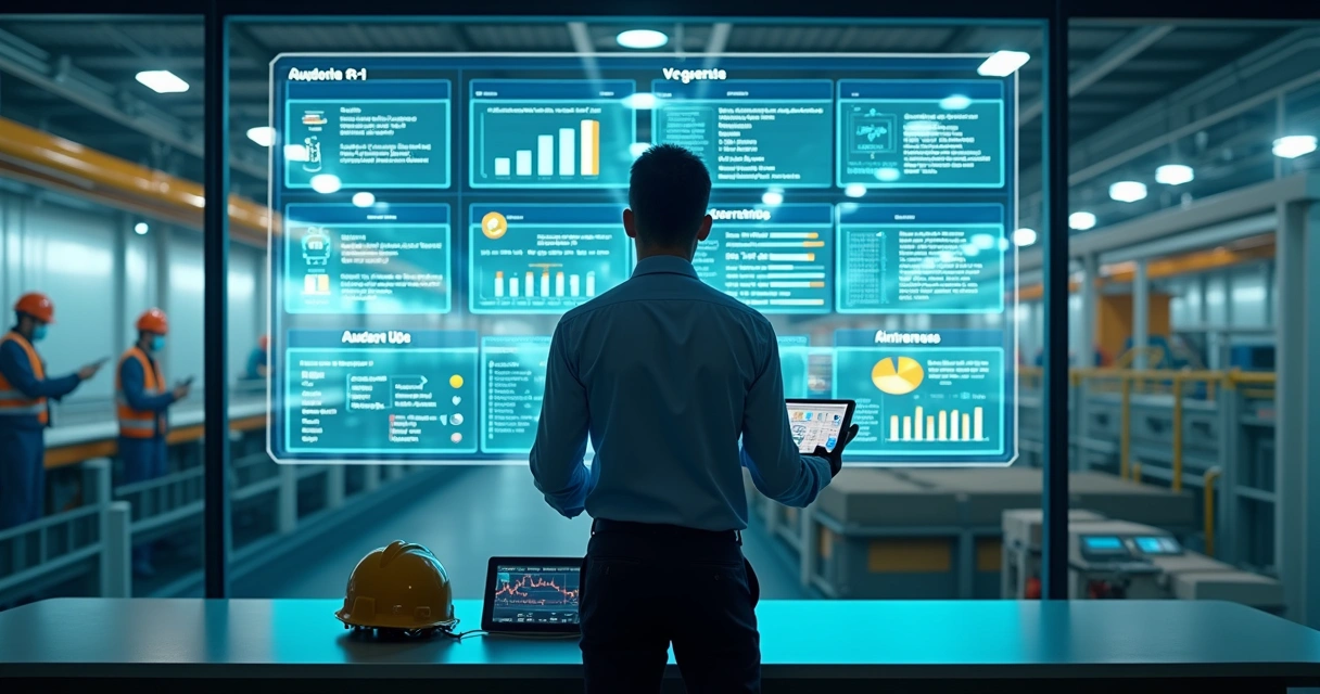 Profissional de segurança do trabalho analisando painel digital de auditoria em ambiente industrial moderno 