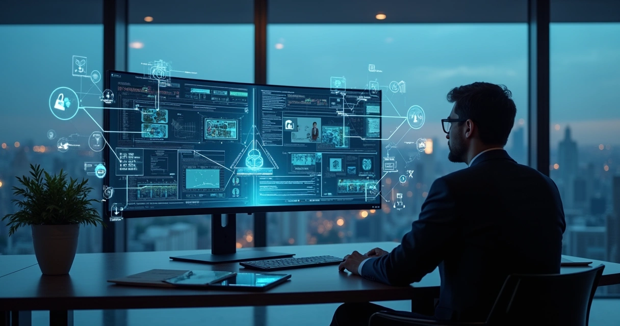 Auditor analisando painel digital com fluxos de auditoria remota e presença física 