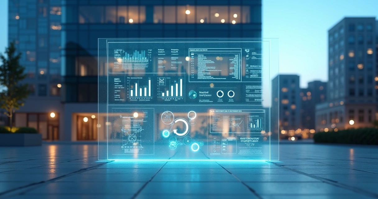 Painel transparente com dados digitais projetados sobre prédio comercial moderno 