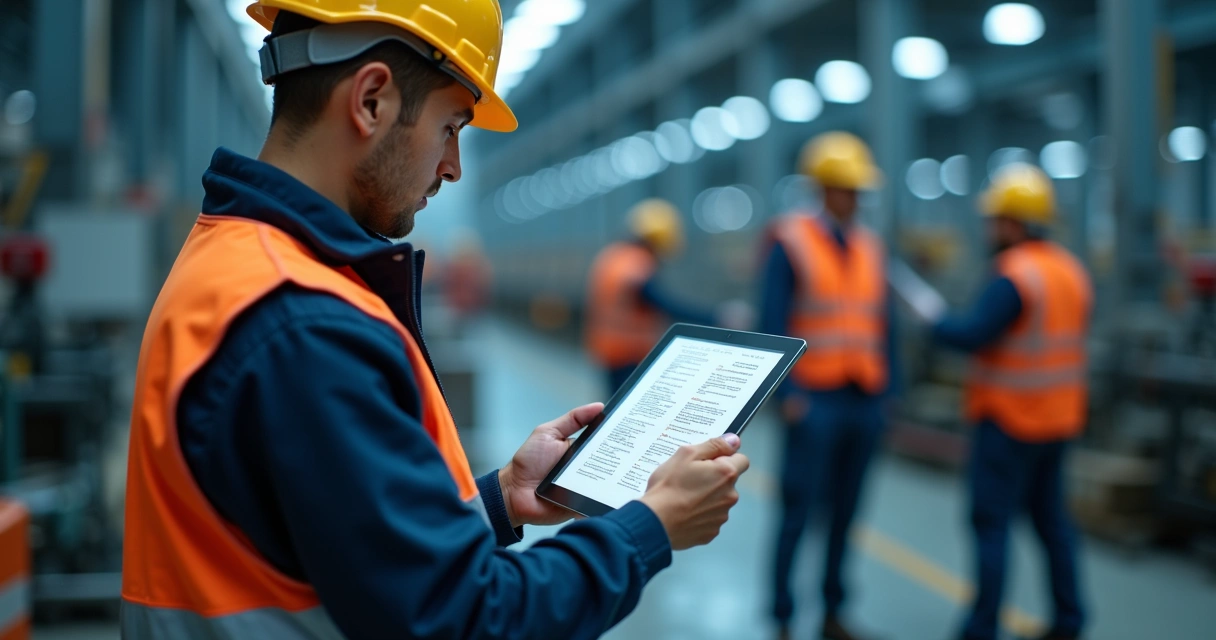 Auditor digital utiliza tablet em inspeção industrial 