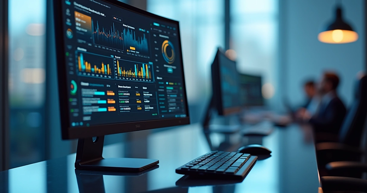 Monitor de computador exibindo gráficos de análise de dados e monitoramento digital em ambiente corporativo moderno 