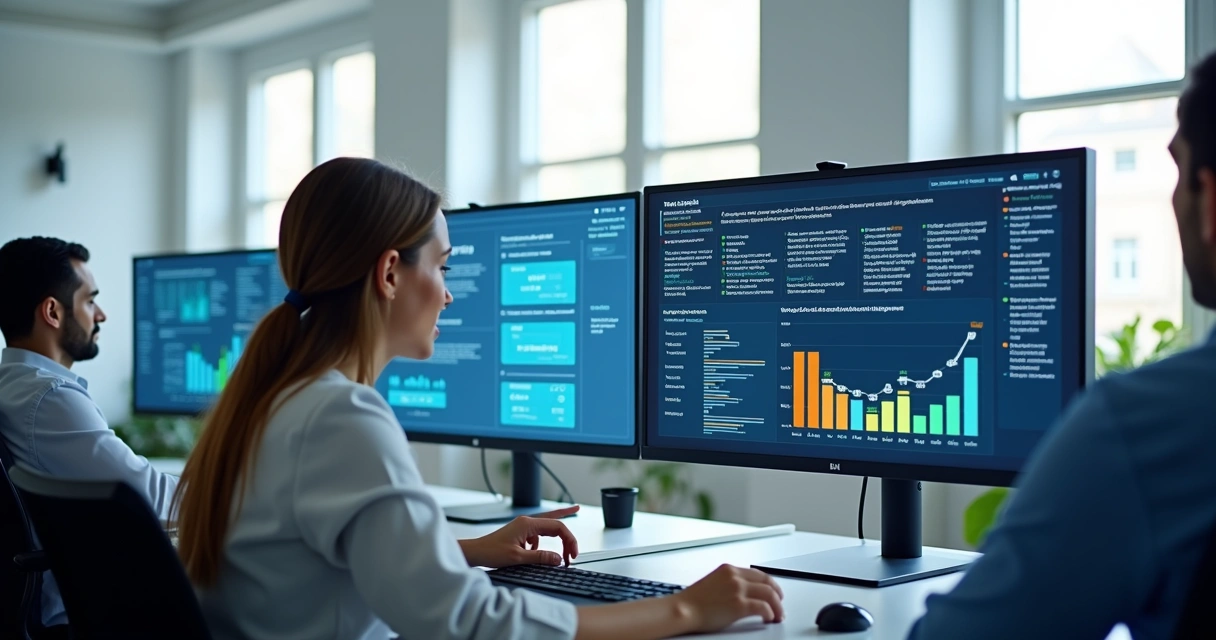 Ambiente com diversos monitores exibindo gráficos de auditoria digital