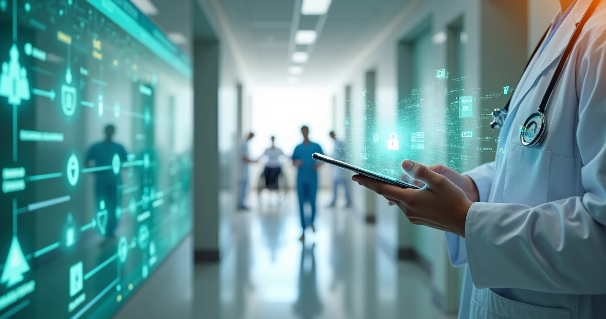 Profissional de saúde revisando checklist digital em corredor de hospital moderno 