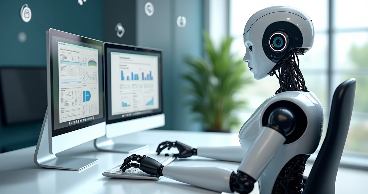 Robô digital validando documentos contábeis em duas telas de computador