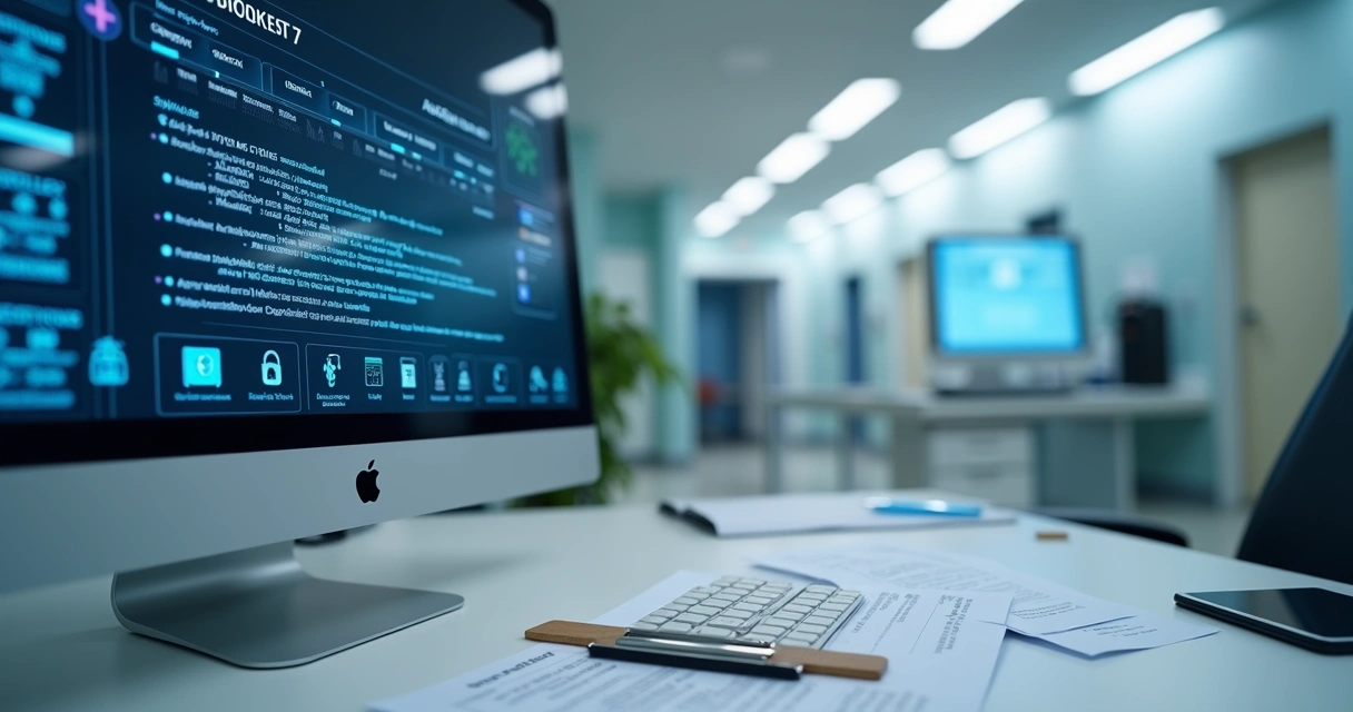 Tela de auditoria digital com prontuários e checklist de segurança em clínica 