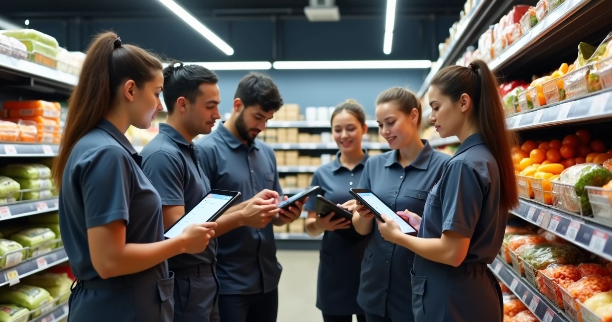 Equipe de supermercado realizando auditoria digital com tablets 