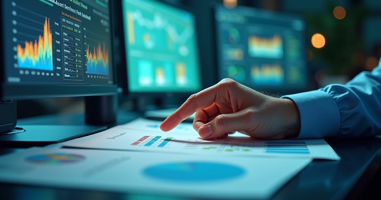 Profissional analisando documentos digitais em tela e apontando itens em gráficos de auditoria fiscal 