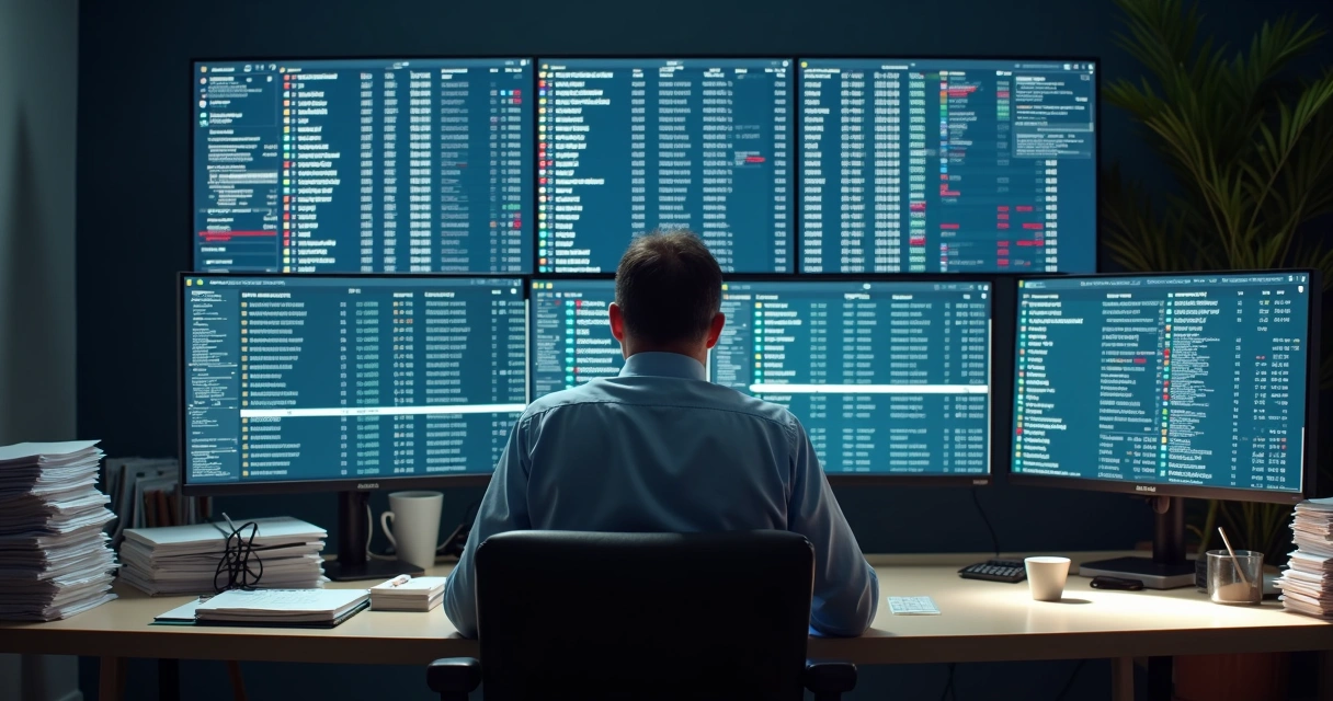 Profissional examinando grande monitor com lista de notas fiscais eletrônicas 