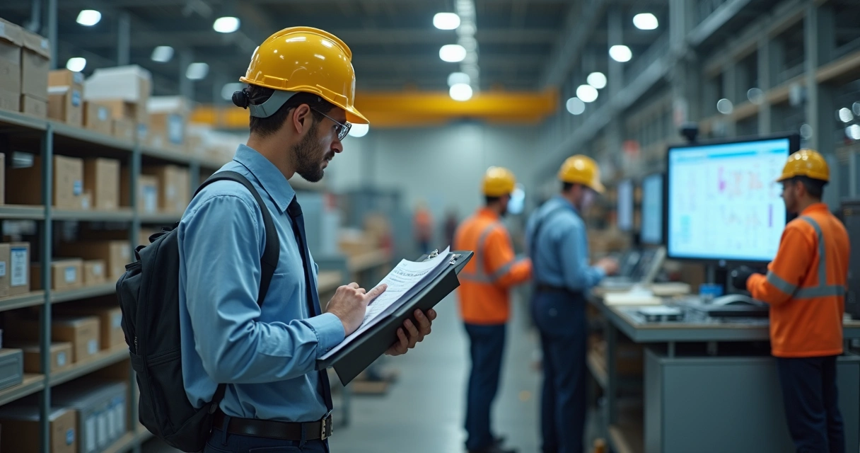 Auditor analisando documentação de segurança em ambiente industrial