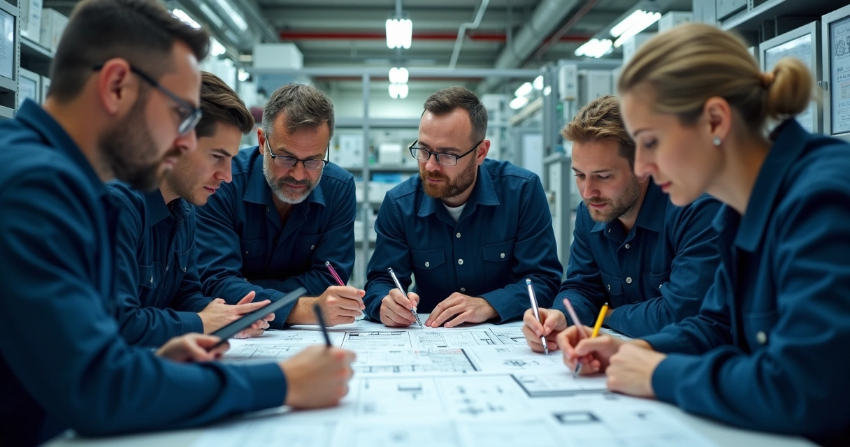Equipe de engenheiros revisando documentos técnicos junto a equipamentos industriais 