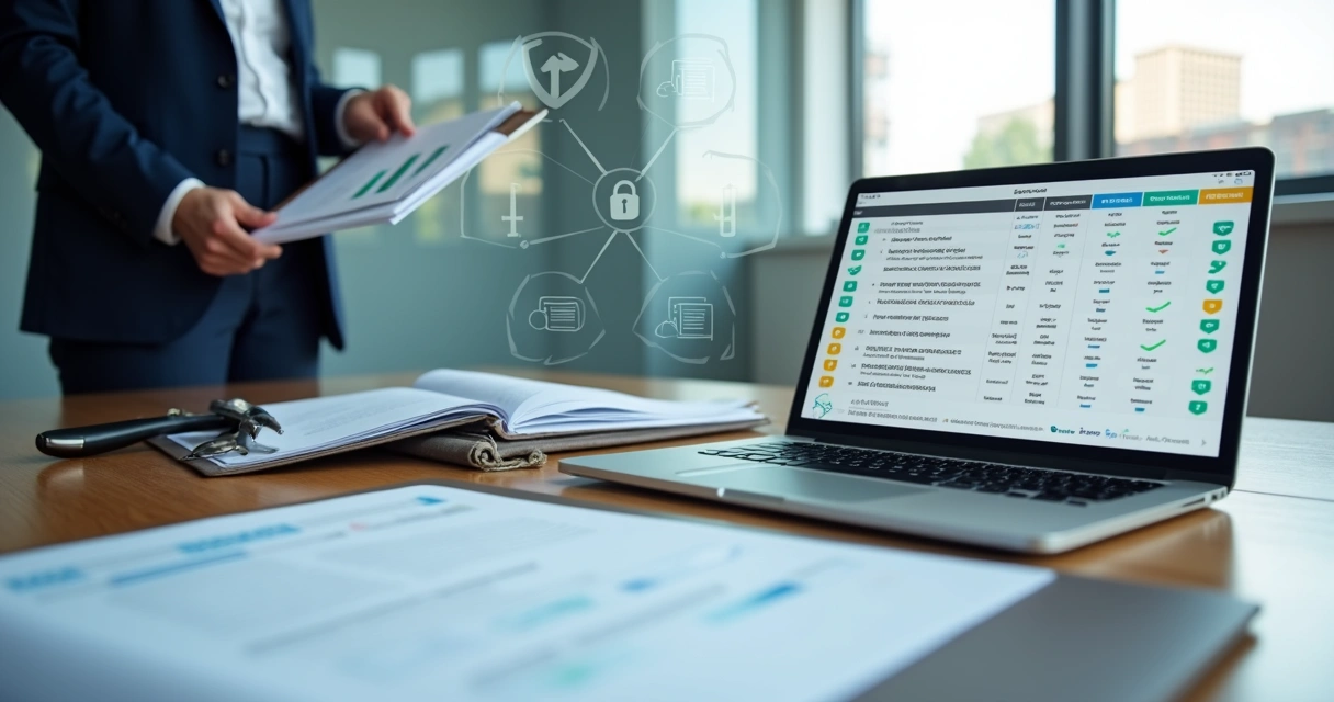 Auditor analisando checklist digital de documentos em ambiente corporativo moderno 