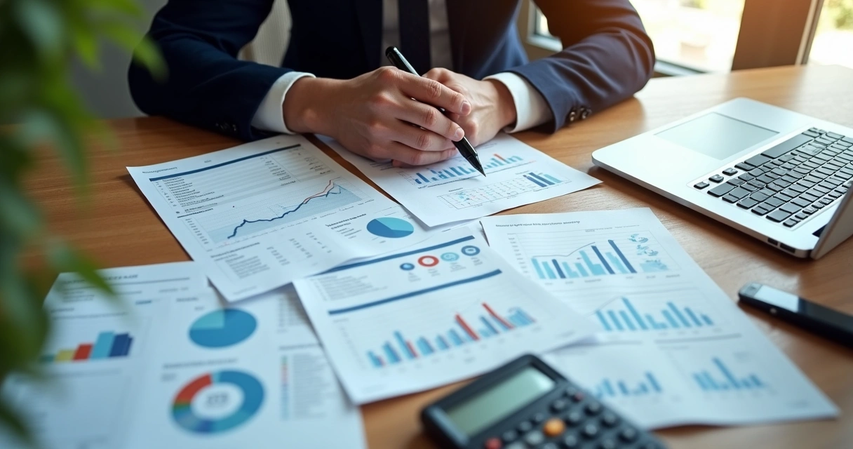 Pessoa analisando documentos contábeis em escritório 