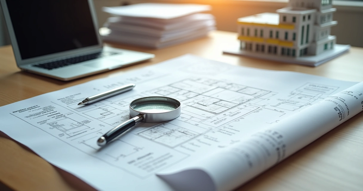 Mesa com planta de imóvel, documentos e lupa simbolizando auditoria jurídica na compra 